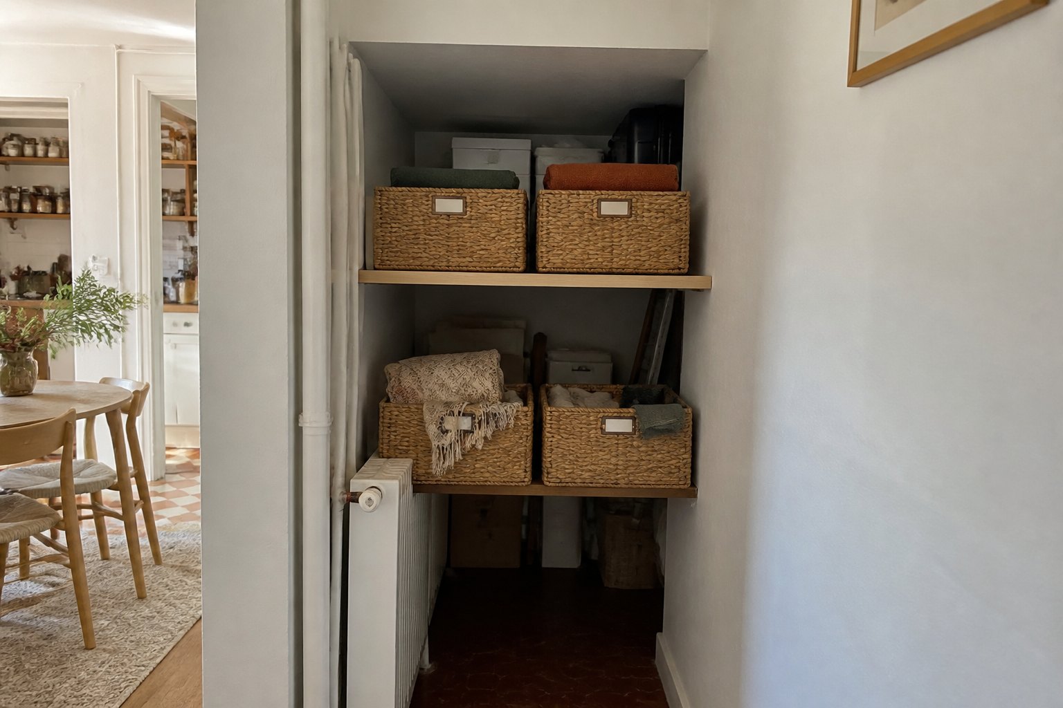 Même renfoncement rangé avec des modules accessibles et des paniers cohérents.