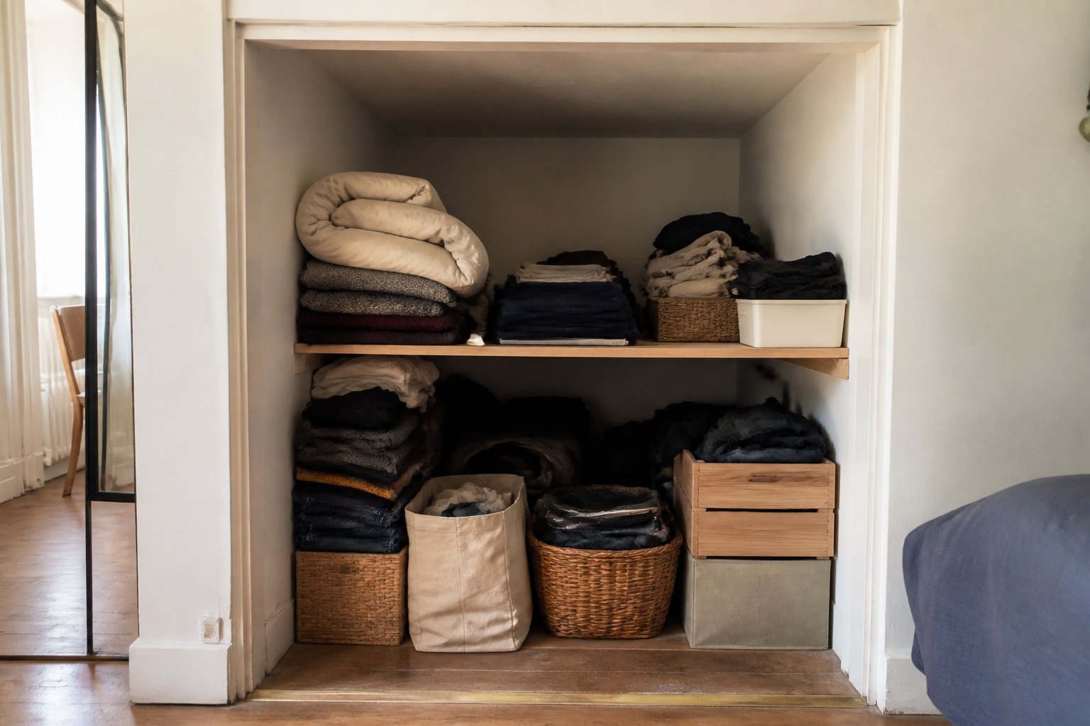 Renfoncement profond rempli de paniers et de linge désorganisés.
